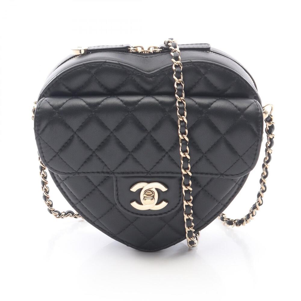 Chanel Matelasse Heart Shoulder Bag Lambskin Sheepskin Black